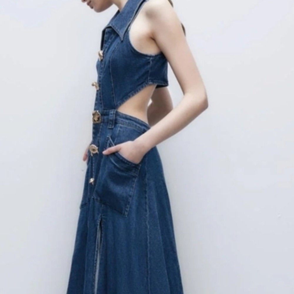 Sleeveless Dark Blue Denim Cutout Maxi Dress - Picture 3 of 6